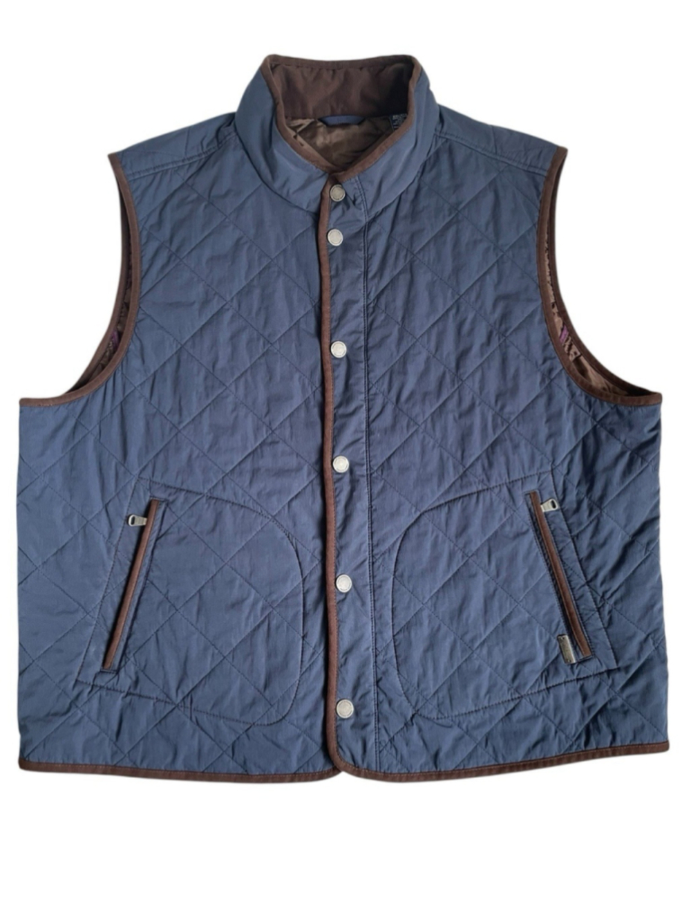 Tommy Bahama Quilted Vest Mens 2XL Navy Brown Suede Trim Snap Front Pockets